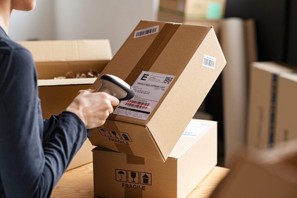 An image of a worker scanning a shipping label on a box, getting it ready to be shipped out