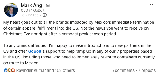 GoBolt's Mark Ang reacts to Mexico Tariff Changes on LinkedIn Post