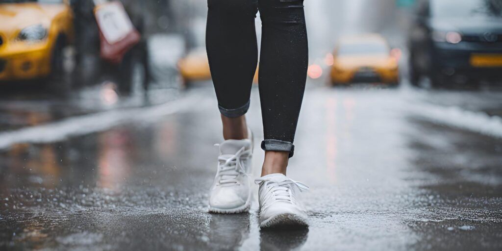 Picture of a woman walking a city street in the rain wearing white sneakers.