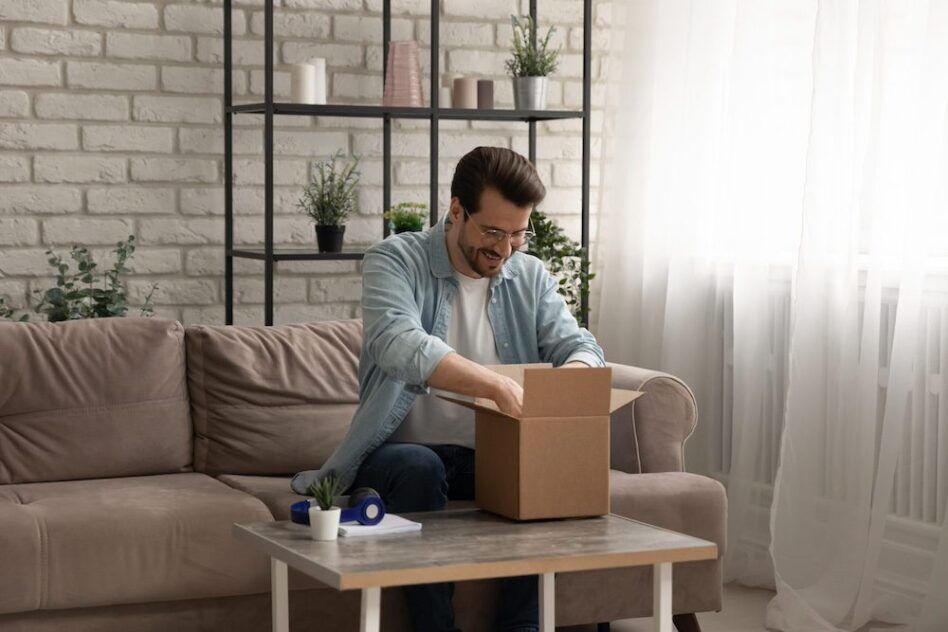 A man sits on a modern sofa, eagerly opening a cardboard box placed on his coffee table. The box appears to have been recently shipped to him. His expression exudes excitement as he prepares to unpack the contents