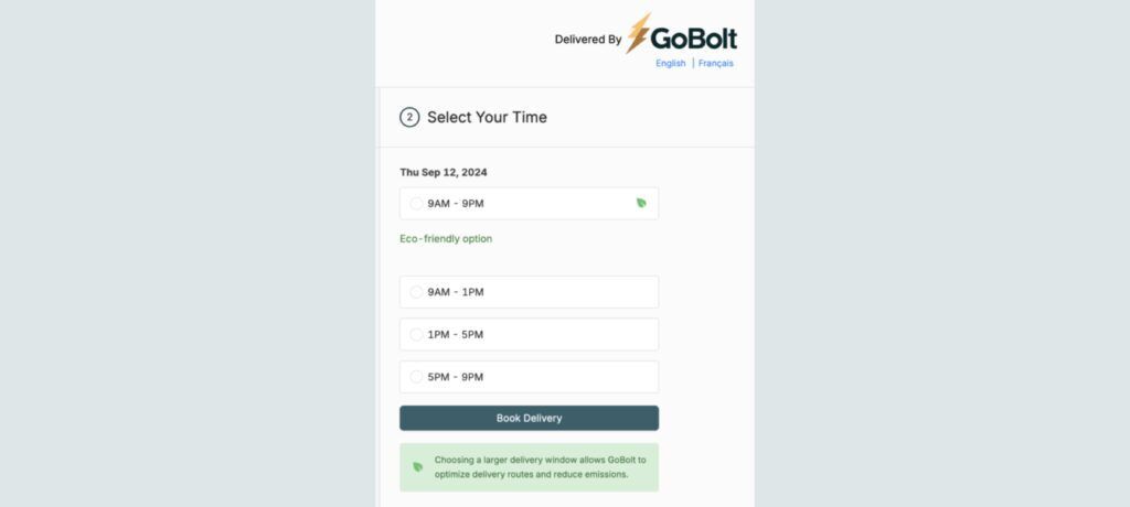 A screenshot of GoBolt's eco-delivery option for appointment booking for big & bulky and shipping large items