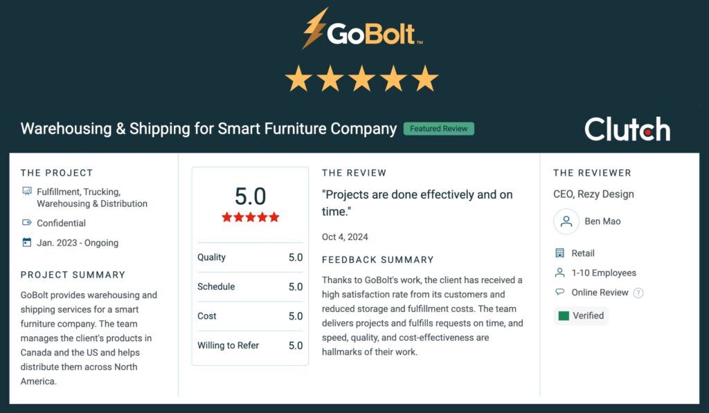 GoBolt's five-star review on Clutch for shipping large items