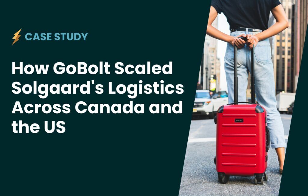 An image for the GoBolt and Solgaard Case Study, contains the words of the blog and a small image of a woman standing on a busy city street holding on to a red suitcase